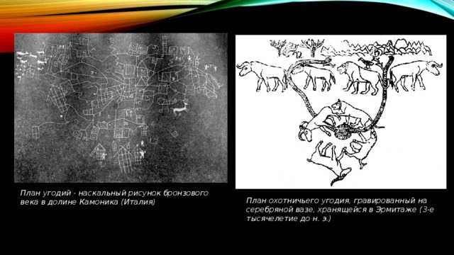 План угодий - наскальный рисунок бронзового века в долине Камоника (Италия) План охотничьего угодия, гравированный на серебряной вазе, хранящейся в Эрмитаже (3-е тысячелетие до н. э.) 
