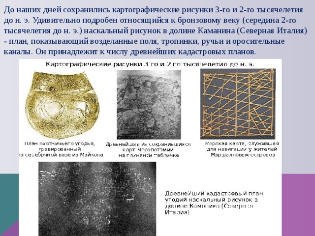  До наших дней сохранились картографические рисунки 3-го и 2-го тысячелетия до н. э. Удивительно подробен относящийся к бронзовому веку (середина 2-го тысячелетия до н. э.) наскальный рисунок в долине Каманина (Северная Италия) - план, показывающий возделанные поля, тропинки, ручьи и оросительные каналы. Он принадлежит к числу древнейших кадастровых планов.     