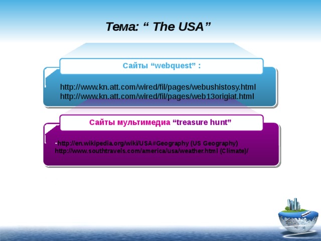 Тема: “ Тhe USA”  Сайты “webquest”  : http://www.kn.att.com/wired/fil/pages/webushistosy.html http://www.kn.att.com/wired/fil/pages/web13origiat.html Сайты мультимедиа “treasure hunt”  - http://en.wikipedia.org/wiki/USA#Geography (US Geography) http://www.southtravels.com/america/usa/weather.html (Climate)/ 