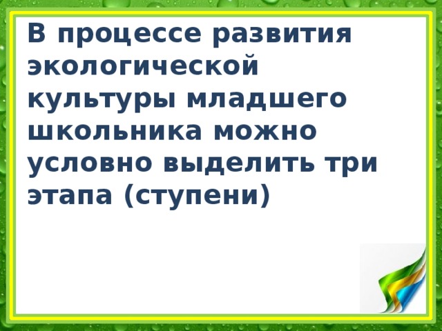 В процессе развития экологической культуры младшего школьника можно условно выделить три этапа (ступени)