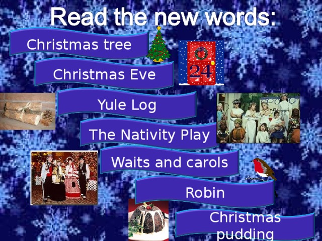 Christmas tree Christmas Eve Yule Log The Nativity Play Waits and carols Robin Christmas pudding 