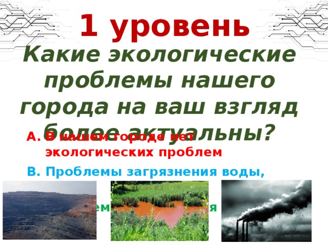 1 уровень Какие экологические проблемы нашего города на ваш взгляд более актуальны?