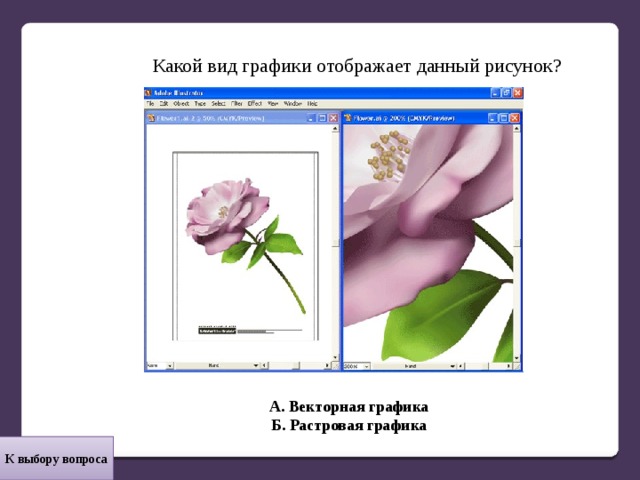 Какой вид графики отображает данный рисунок? А. Векторная графика Б. Растровая графика  К выбору вопроса 