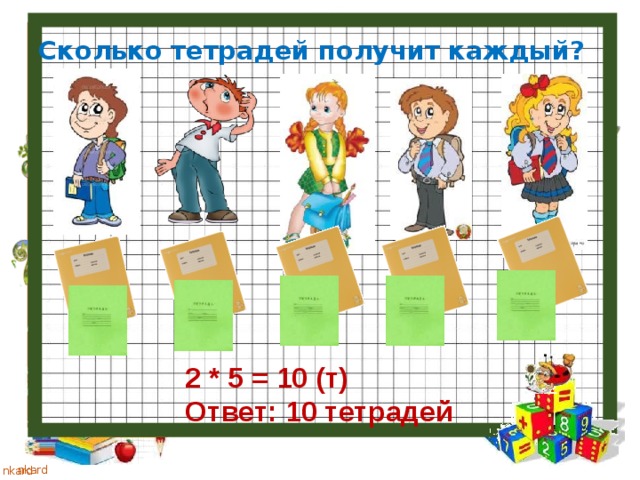 Сколько тетрадей получит каждый? 2 * 5 = 10 (т) Ответ: 10 тетрадей 