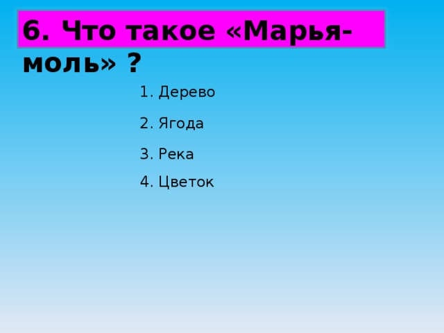 6. Что такое «Марья-моль» ? 1. Дерево 2. Ягода 3. Река 4. Цветок 