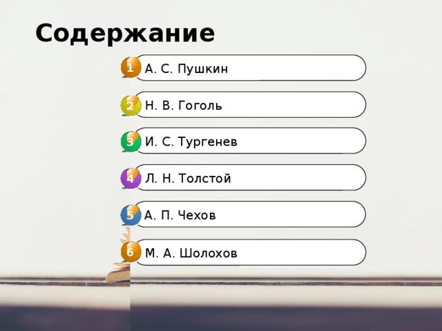 Содержание 1 А. С. Пушкин Н. В. Гоголь 2 И. С. Тургенев 3 3 Л. Н. Толстой 4 4 А. П. Чехов 5 6 М. А. Шолохов 