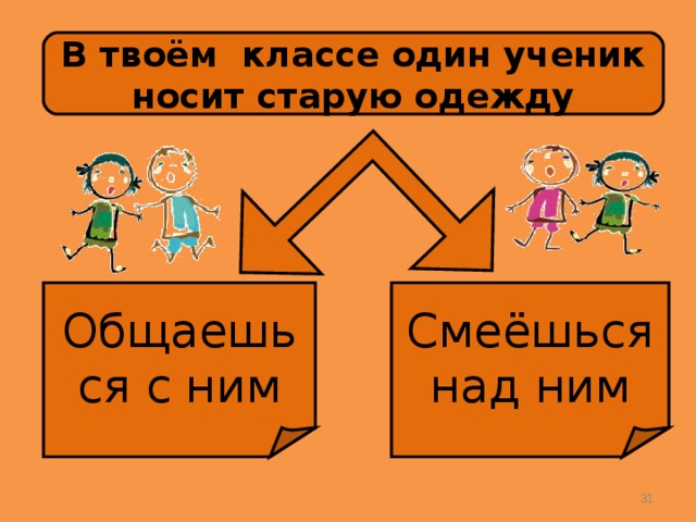 В твоём классе один ученик носит старую одежду Общаешься с ним Смеёшься над ним  