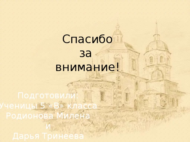 Спасибо  за  внимание! Подготовили: Ученицы 5 «В» класса Родионова Милена и Дарья Тринеева 
