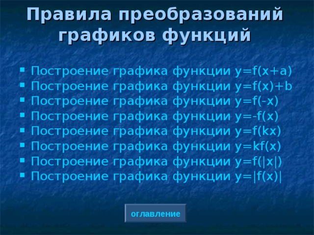Правила преобразований  графиков функций Построение графика функции y=f(x+a) Построение графика функции y=f(x)+b Построение графика функции y=f(-x) Построение графика функции y=-f(x) Построение графика функции y=f(kx)  Построение графика функции y=kf(x) Построение графика функции y=f(|x|) Построение графика функции y=|f(x)| оглавление 