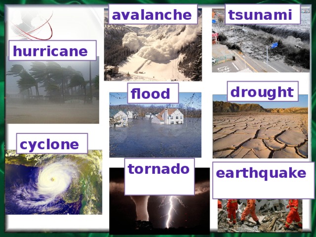 Fill in avalanche tornado pollution endangered. Drought Flood Tornado Tsunami earthquake Cyclone Avalanche Hurricane. Стихийные бедствия на английском языке. Задания natural Disasters. Проект 8 класс "natural Disasters".