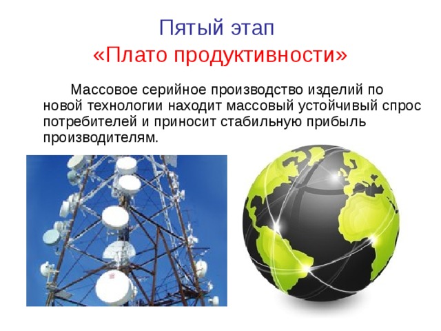 Пятый этап   «Плато продуктивности»   Массовое серийное производство изделий по новой технологии находит массовый устойчивый спрос потребителей и приносит стабильную прибыль производителям. 
