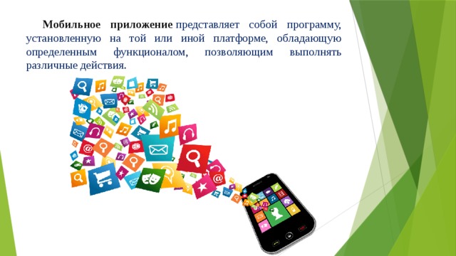 Мобильное приложение  представляет собой программу, установленную на той или иной платформе, обладающую определенным функционалом, позволяющим выполнять различные действия. 
