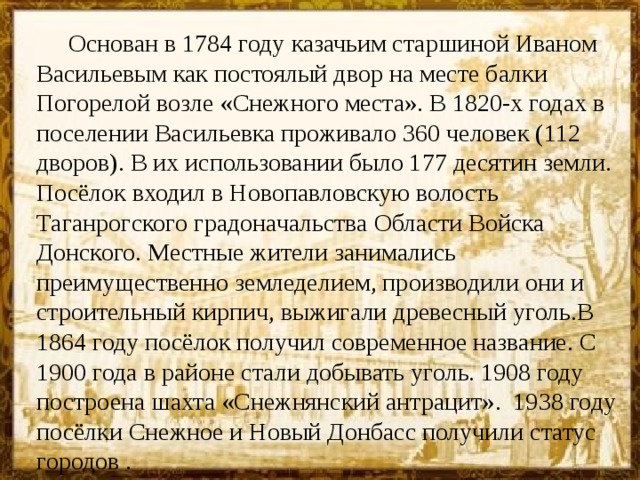 Основан в 1784 году казачьим старшиной Иваном Васильевым как постоялый двор на месте балки Погорелой возле «Снежного места». В 1820-х годах в поселении Васильевка проживало 360 человек (112 дворов). В их использовании было 177 десятин земли. Посёлок входил в Новопавловскую волость Таганрогского градоначальства Области Войска Донского. Местные жители занимались преимущественно земледелием, производили они и строительный кирпич, выжигали древесный уголь.В 1864 году посёлок получил современное название. С 1900 года в районе стали добывать уголь. 1908 году построена шахта «Снежнянский антрацит». 1938 году посёлки Снежное и Новый Донбасс получили статус городов .