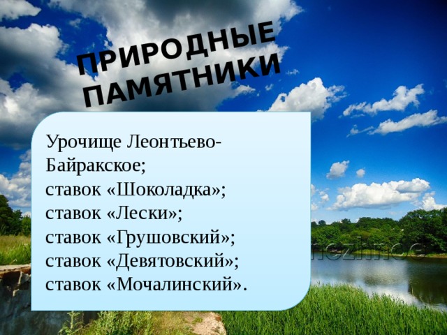 ПРИРОДНЫЕ ПАМЯТНИКИ Урочище Леонтьево-Байракское; ставок «Шоколадка»; ставок «Лески»; ставок «Грушовский»; ставок «Девятовский»; ставок «Мочалинский». 