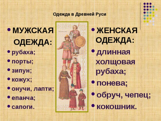 Одежда в Древней Руси ЖЕНСКАЯ ОДЕЖДА: длинная холщовая рубаха; понева; обруч, чепец; кокошник.   МУЖСКАЯ  ОДЕЖДА: рубаха; порты; зипун; кожух; онучи, лапти; епанча; сапоги. 