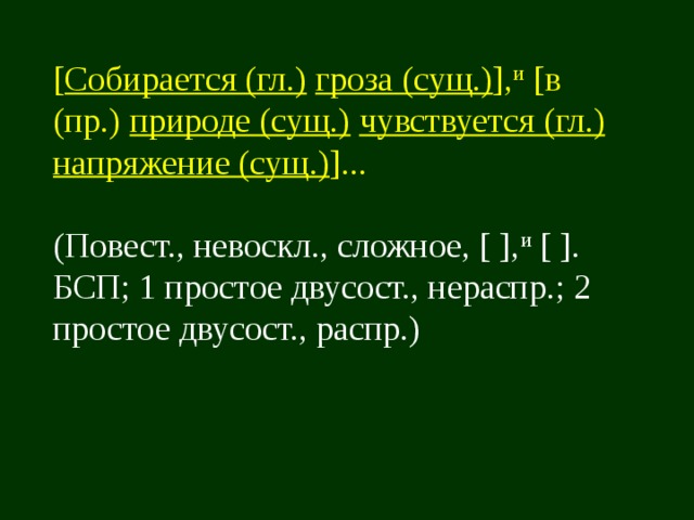 [ Собирается (гл.)  гроза (сущ.) ], и [в (пр.) природе (сущ.)  чувствуется (гл.)  напряжение (сущ.) ]... (Повест., невоскл., сложное, [ ], и [ ]. БСП; 1 простое двусост., нераспр.; 2 простое двусост., распр.)