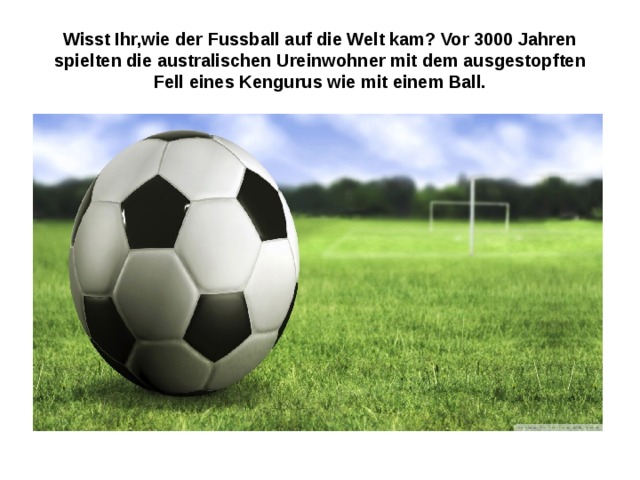 Wisst Ihr,wie der Fussball auf die Welt kam? Vor 3000 Jahren spielten die australischen Ureinwohner mit dem ausgestop ften Fell eines Kengurus wie mit einem Ball. 