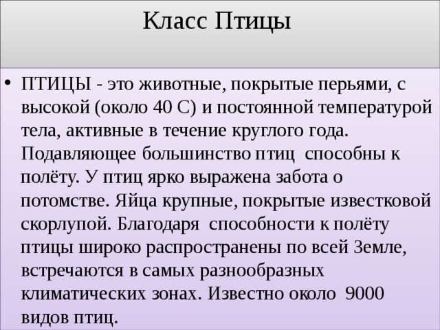 Класс Птицы   ПТИЦЫ - это животные, покрытые перьями, с высокой (около 40 С) и постоянной температурой тела, активные в течение круглого года. Подавляющее большинство птиц способны к полёту. У птиц ярко выражена забота о потомстве. Яйца крупные, покрытые известковой скорлупой. Благодаря способности к полёту птицы широко распространены по всей Земле, встречаются в самых разнообразных климатических зонах. Известно около 9000 видов птиц. 