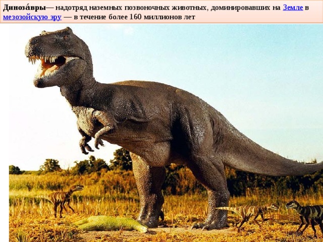Диноза́вры — надотряд наземных позвоночных животных, доминировавших на Земле в мезозойскую эру — в течение более 160 миллионов лет 