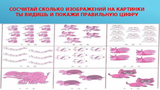 Сосчитай сколько изображений на картинки ты видишь и покажи правильную цифру 