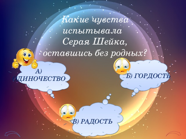 Какие чувства испытывала Серая Шейка, оставшись без родных? А) ОДИНОЧЕСТВО Б) ГОРДОСТЬ В) РАДОСТЬ 