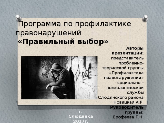  Программа по профилактике правонарушений   «Правильный выбор»    Авторы презентации: представитель проблемно-творческой группы «Профилактика правонарушений» социально –психологической службы Слюдянского района Новицкая А.Р. Руководитель группы: Ерофеева Г.Н. г. Слюдянка 2017г. 