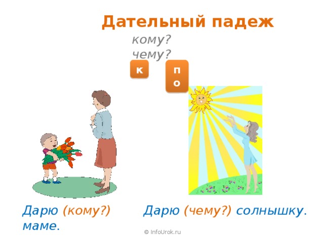 Дательный падеж кому? чему? к по Дарю (кому?) маме. Дарю (чему?) солнышку. © InfoUrok.ru 