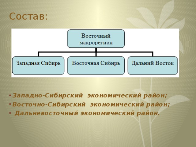 Состав: Западно-Сибирский экономический район; Восточно-Сибирский экономический район;  Дальневосточный экономический район. 