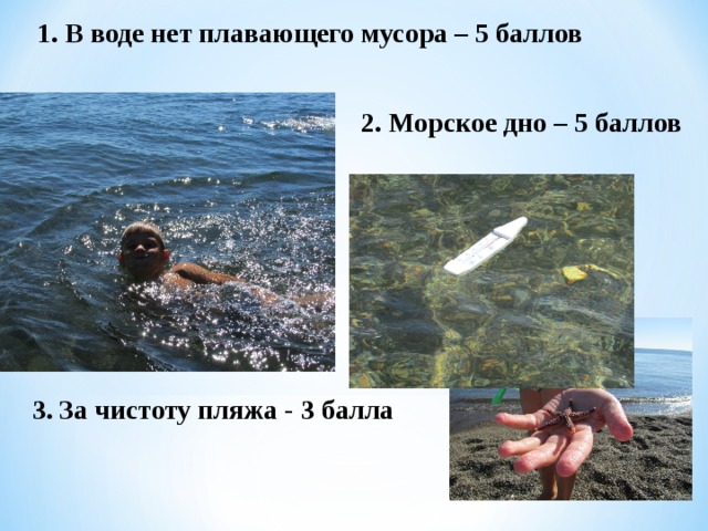 1. В воде нет плавающего мусора – 5 баллов 2. Морское дно – 5 баллов 3. За чистоту пляжа - 3 балла