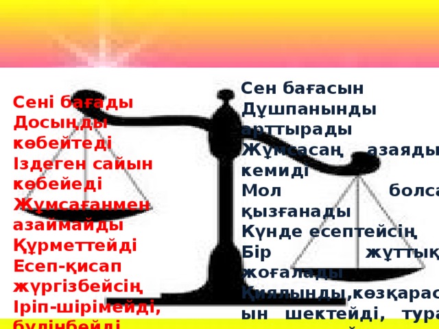 Сен бағасын Дұшпанынды арттырады Жұмсасаң азаяды, кемиді Мол болса қызғанады Күнде есептейсің Бір жұттық, жоғалады Қиялынды,көзқарасын шектейді, тура жолдан тайдырады Мақтанады, астамшылық көрсетеді Сені бағады Досыңды көбейтеді Іздеген сайын көбейеді Жұмсағанмен азаймайды Құрметтейді Есеп-қисап жүргізбейсің Іріп-шірімейді, бүлінбейді Жан дүниеңді байытады Мәдениетті, әдепті, адамгершілікті   