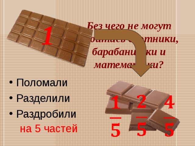 Без чего не могут обойтись охотники, барабанщики и математики? 1 Поломали Разделили Раздробили на 5 частей