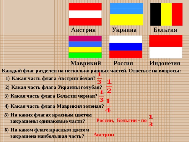 Австрия Украина Бельгия Россия Индонезия Маврикий Каждый флаг разделен на несколько равных частей. Ответьте на вопросы: Какая часть флага Австрии белая? 1) 2) Какая часть флага Украины голубая? Какая часть флага Бельгии черная? 3) Какая часть флага Маврикия зеленая? 4) На каких флагах красным цветом закрашены одинаковые части? 5) России, Бельгии - по На каком флаге красным цветом закрашена наибольшая часть? 6) Австрии