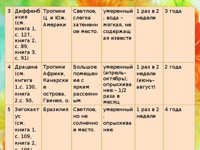 3 Диффенбахия 4 (см. книга 1, с. 127, книга 2, с. 89, книга 3, с. 91) Драцена Тропики Ц. и Юж. Америки (см. кнгига 1,с. 130, книга 2,с. 90, книга 3, с. 95) Тропики Африки, Канарские острова, Гвинея, о. Мадагаскар Светлое, слегка затененное место. умеренный; вода – мягкая, не содержащая извести Большое помещение с ярким рассеянным светом. умеренный (апрель–октябрь); 1 раз в 2 недели опрыскивание – 1/2 раза в месяц (ноябрь–март) 3 года 1 раз в 2 недели (июнь–август) 2 года У природы живые краски, Если в жизни их можно встретить .   5 Зигокактус Бразилия (см. книга 1, с. 109, книга 2, с. 195) Светлое, но не солнечное место. умеренный; опрыскивание 1 раз в 2 недели 4 года 