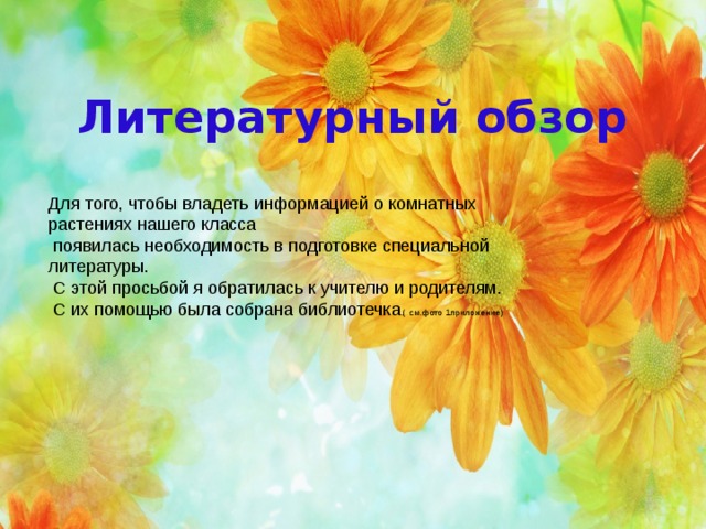 Литературный обзор Для того, чтобы владеть информацией о комнатных растениях нашего класса  появилась необходимость в подготовке специальной литературы.  С этой просьбой я обратилась к учителю и родителям.  С их помощью была собрана библиотечка .( см.фото 1приложение) 
