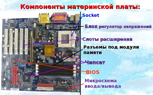 Компоненты материнской платы: Socket Блок регулятор напряжений Слоты расширения Разъемы под модули памяти Чипсет BIOS Микросхема ввода/вывода 