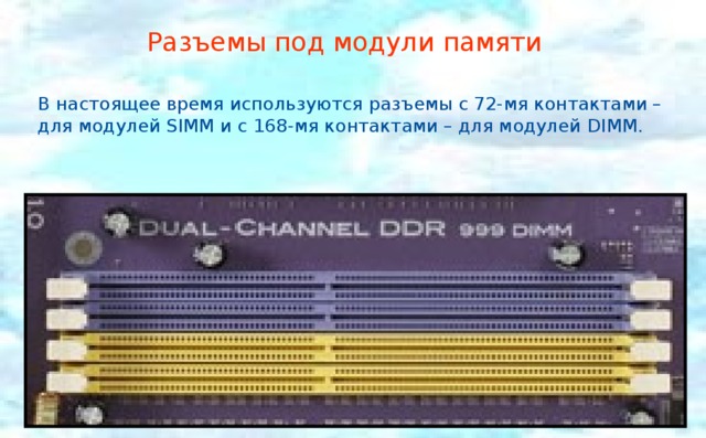 Разъемы под модули памяти В настоящее время используются разъемы с 72-мя контактами – для модулей SIMM и с 168-мя контактами – для модулей DIMM.  