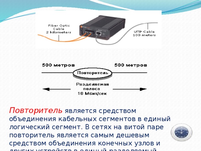 Повторитель  является средством объединения кабельных сегментов в единый логический сегмент. В сетях на витой паре повторитель является самым дешевым средством объединения конечных узлов и других устройств в единый разделяемый сегмент. 