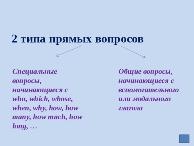 2 типа прямых вопросов   Специальные вопросы, начинающиеся с Общие вопросы, начинающиеся с вспомогательного или модального глагола who, which, whose, when, why, how, how many, how much, how long, … 