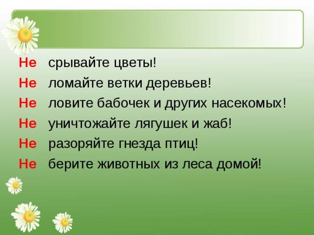 Не срывайте цветы! Не  ломайте ветки деревьев! Не  ловите бабочек и других насекомых! Не уничтожайте лягушек и жаб! Не  разоряйте гнезда птиц! Не  берите животных из леса домой!  