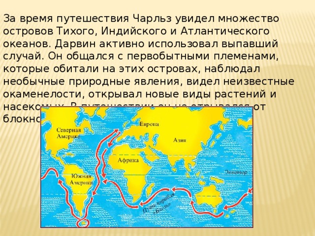 За время путешествия Чарльз увидел множество островов Тихого, Индийского и Атлантического океанов. Дарвин активно использовал выпавший случай. Он общался с первобытными племенами, которые обитали на этих островах, наблюдал необычные природные явления, видел неизвестные окаменелости, открывал новые виды растений и насекомых. В путешествии он не отрывался от блокнота, постоянно делал записи. 