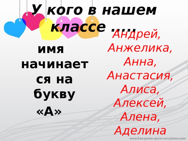 У кого в нашем классе ..... Андрей, Анжелика, Анна, Анастасия, Алиса, Алексей, Алена, Аделина имя начинается на букву «А» 