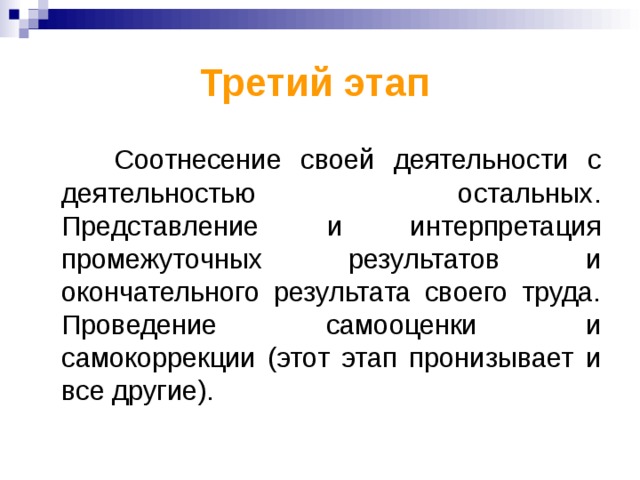 Третий этап   Соотнесение своей деятельности с деятельностью остальных. Представление и интерпретация промежуточных результатов и окончательного результата своего труда. Проведение самооценки и самокоррекции (этот этап пронизывает и все другие). 
