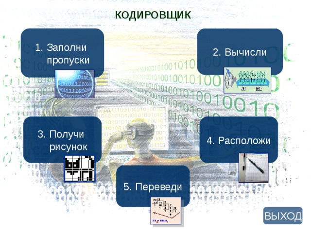 КОДИРОВЩИК Заполни 2. Вычисли  пропуски 3. Получи  рисунок 4. Расположи 5. Переведи ВЫХОД