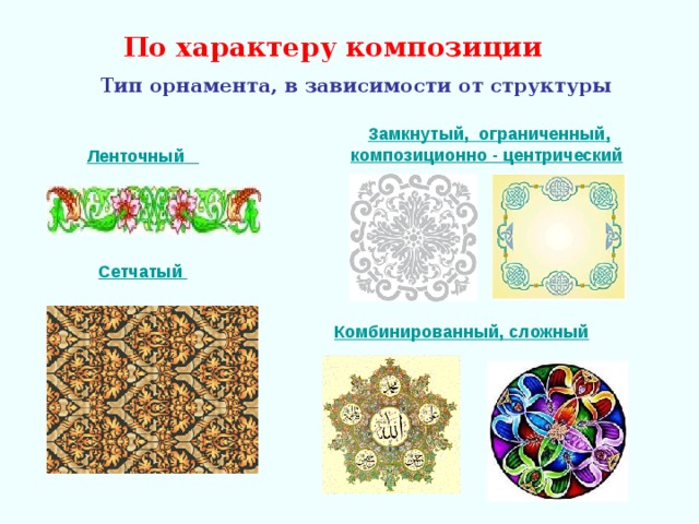 По характеру композиции Тип орнамента, в зависимости от структуры Замкнутый,  ограниченный , композиционно - центрический Ленточный  Сетчатый  Комбинированный, сложный 