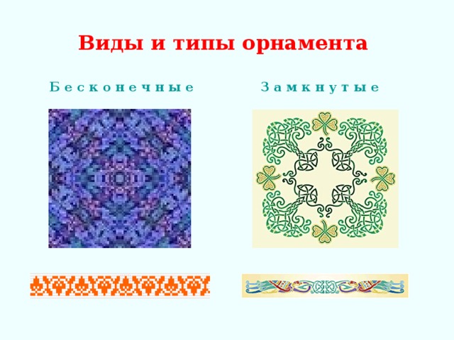 Виды и типы орнамента Б е с к о н е ч н ы е З а м к н у т ы е 