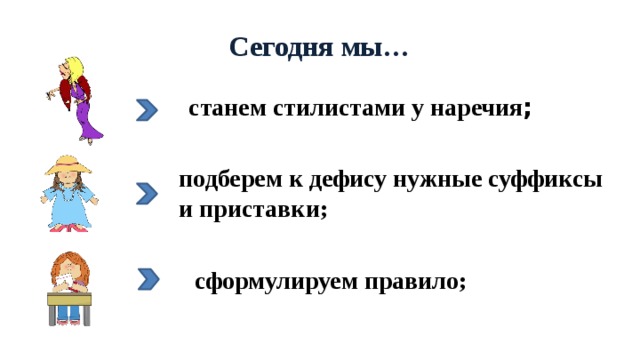 Сегодня мы… станем стилистами у наречия ; подберем к дефису нужные суффиксы и приставки; cформулируем правило; 