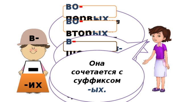  во - перв ых К дефису в наречии подходит приставка ВО-. во - втор ых А еще? во- в- Приставка в- тоже подойдет. в - шест ых Она сочетается с суффиксом -ых. А к этой приставке еще подходит суффикс -их. в - треть их -ых -их 