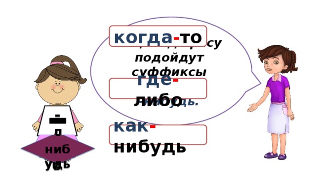  Еще к дефису подойдут суффиксы -то , -либо , -нибудь. когда - то где - либо как - нибудь -то -либо -нибудь 