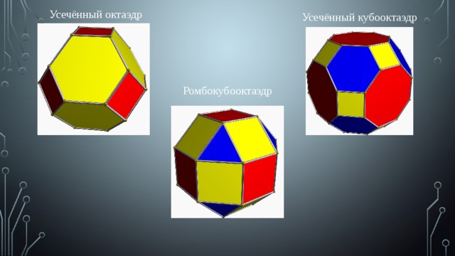 Усечённый октаэдр Усечённый кубооктаэдр Ромбокубооктаэдр 
