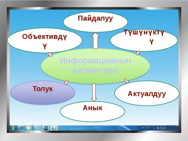 Пайдалуу   Объективдүү Түшүнүктүү Информациянын касиеттери Толук Актуалдуу Анык 